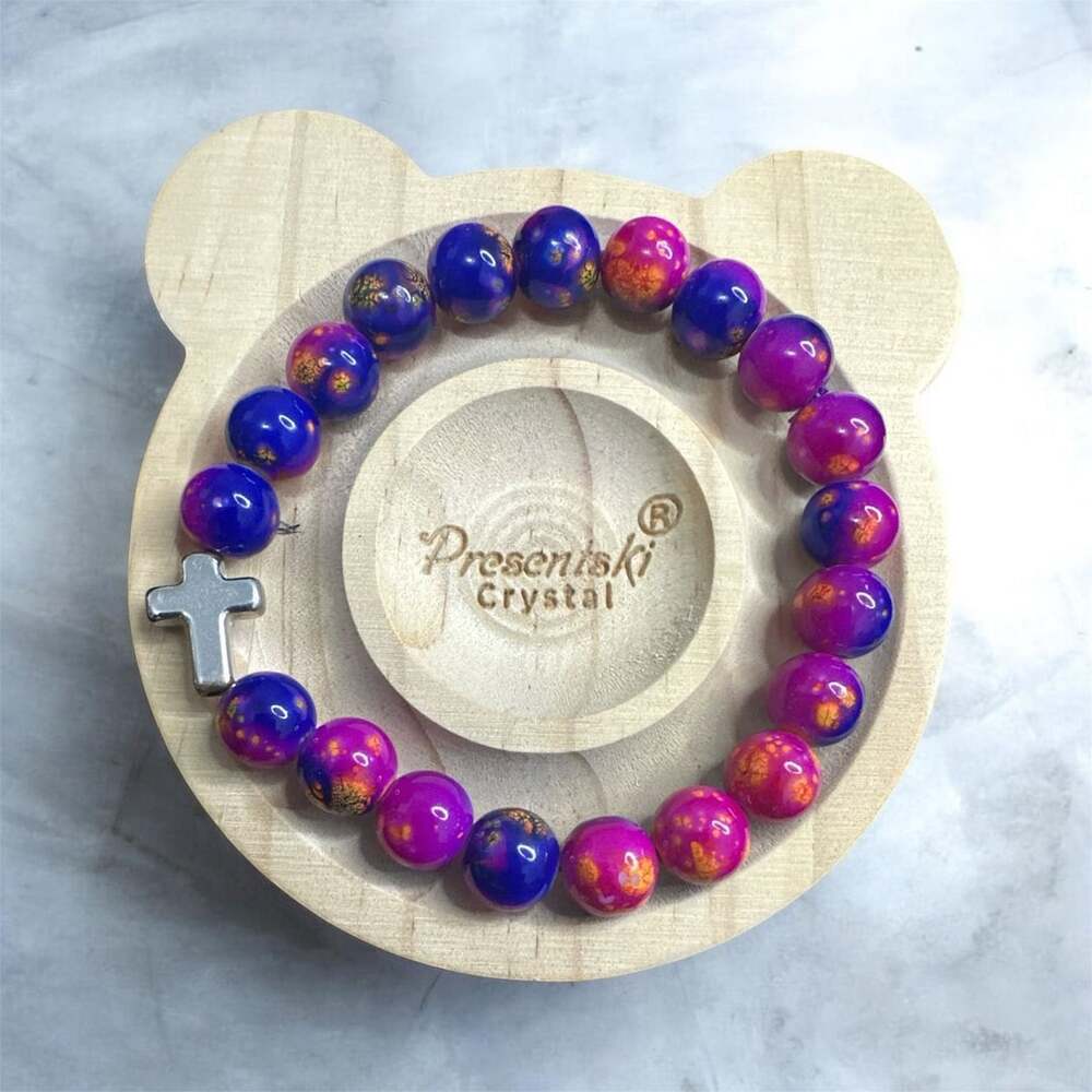 Glass 10mm Purple and Pink Beaded Bracelet with Cross